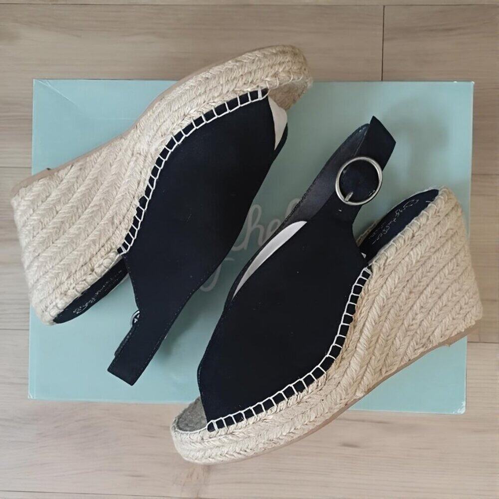 Seychelles Promenade Peep Toe Espadrille Wedges Black Suede 7 NIB - Picture 3 of 8